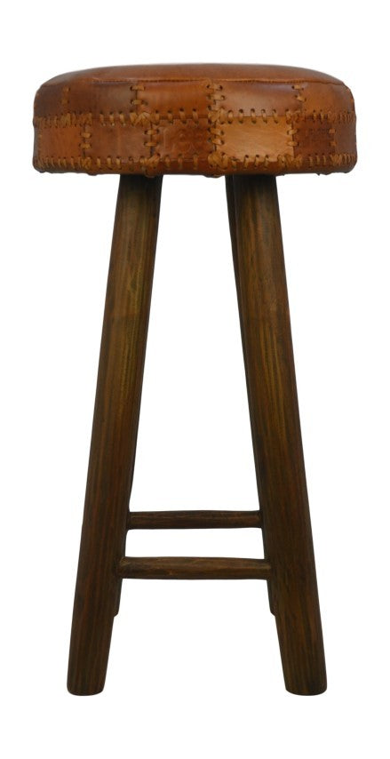 HSM Kollektion - Runder Barhocker Patchwork - 40x40x75 - Cognac/Braun - Leder/Teak