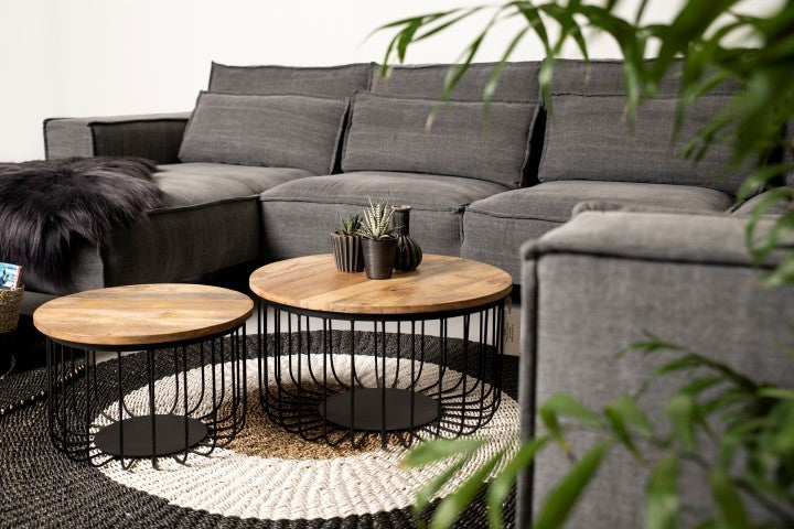 HSM Collection-Runde Beistelltische Maden S/2-ø60x33 / ø45x30-Natur/Schwarz-Mango/Metall