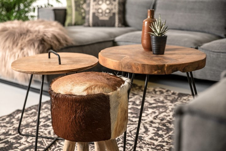 HSM Collection-Runde Hocker Ziegenfell-ø33x45-Sortiert/Natur-Ziegenfell/Teak