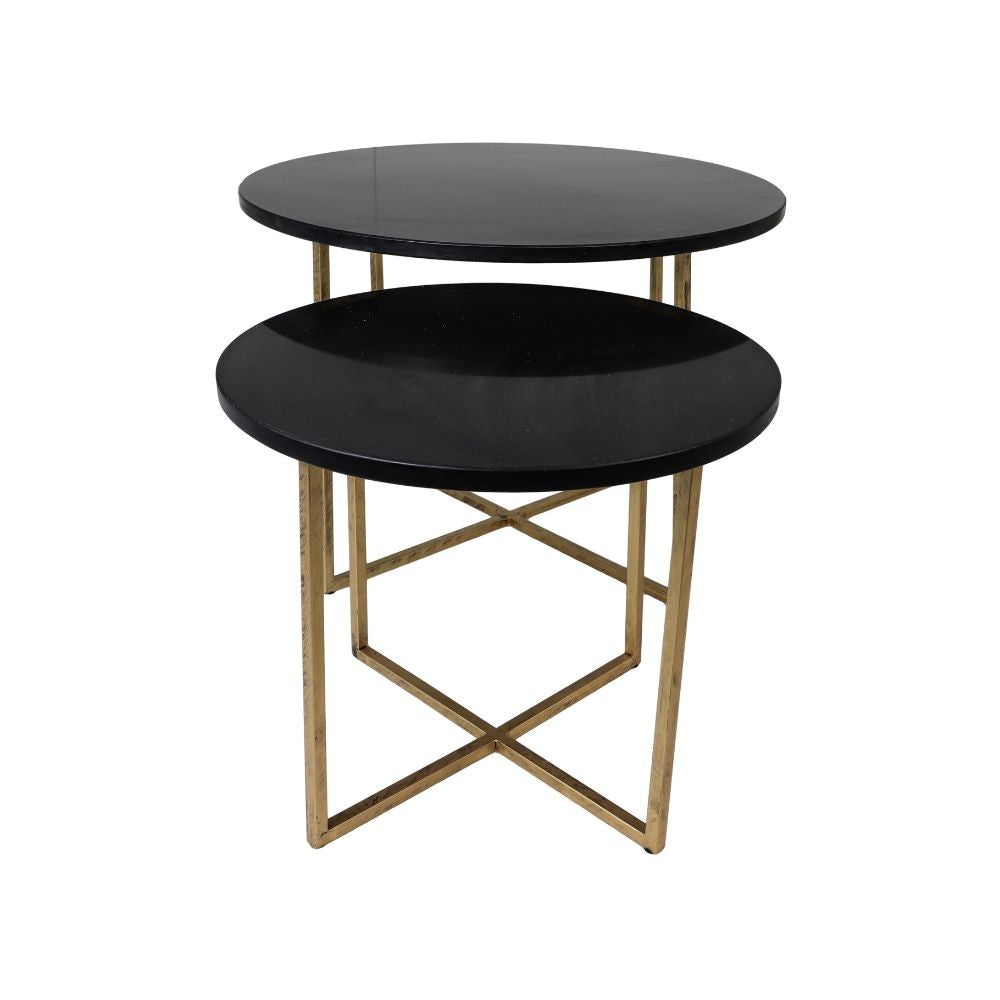 HSM Collection-Runde Beistelltisch S/2-ø61x45/ø46x39-Schwarz/Gold-Marmor/Metall