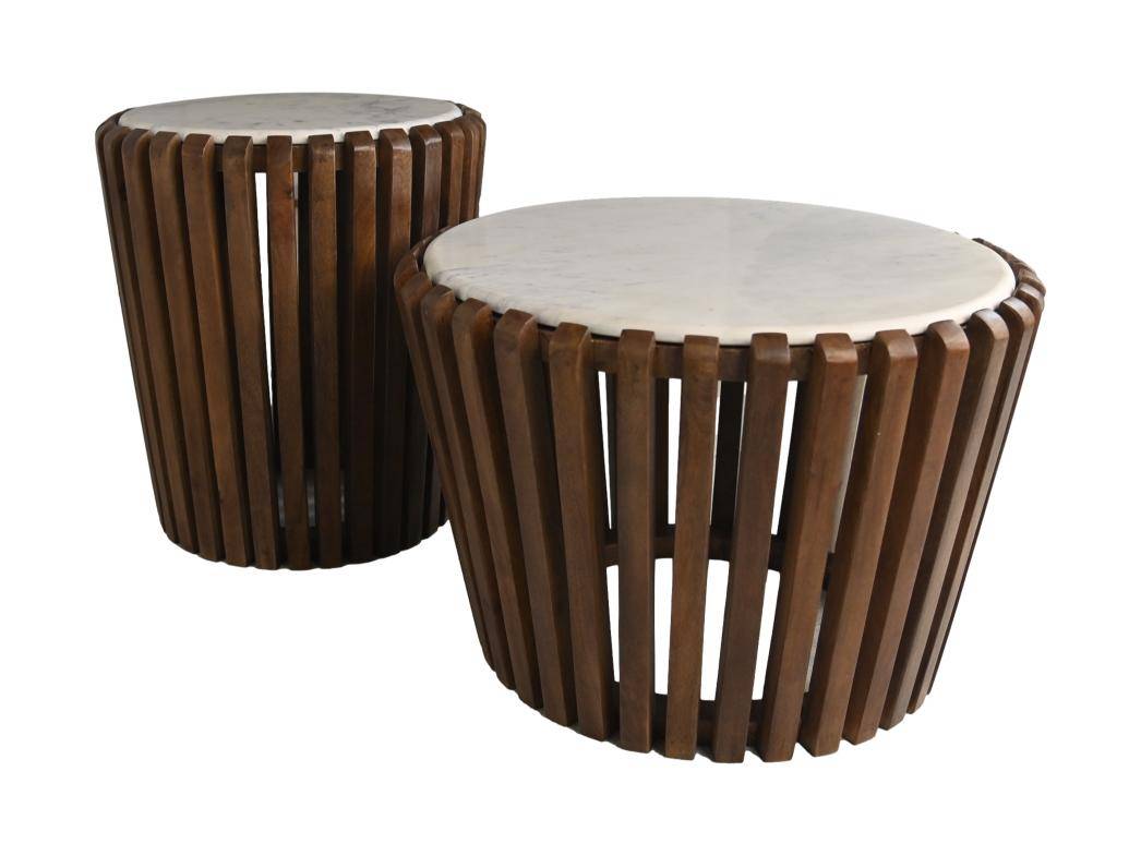 HSM Kollektion-Runder Beistelltisch-ø60x60-Braun/Weiß-Mango/Marmor