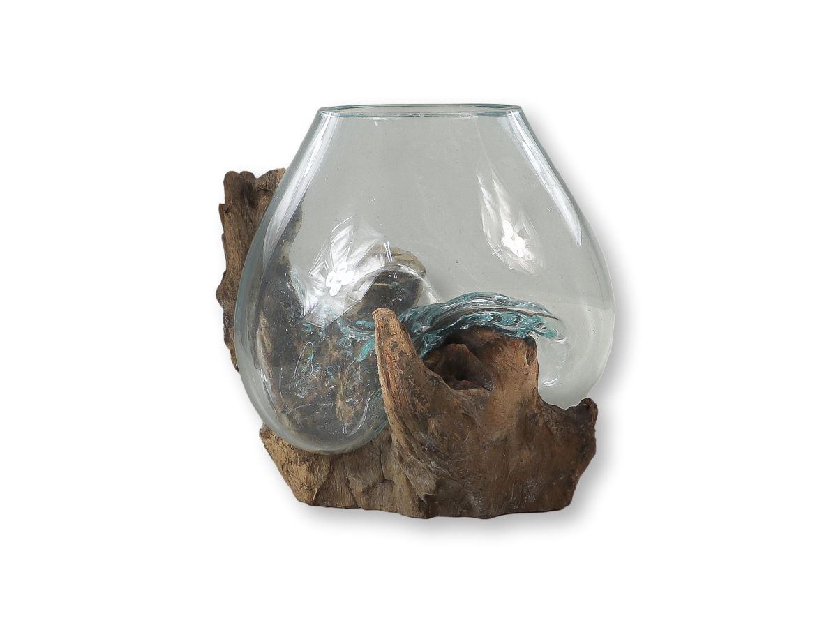 HSM Collection-Vase auf Wurzelholz-ø30x23-Braun-Teak/Glas
