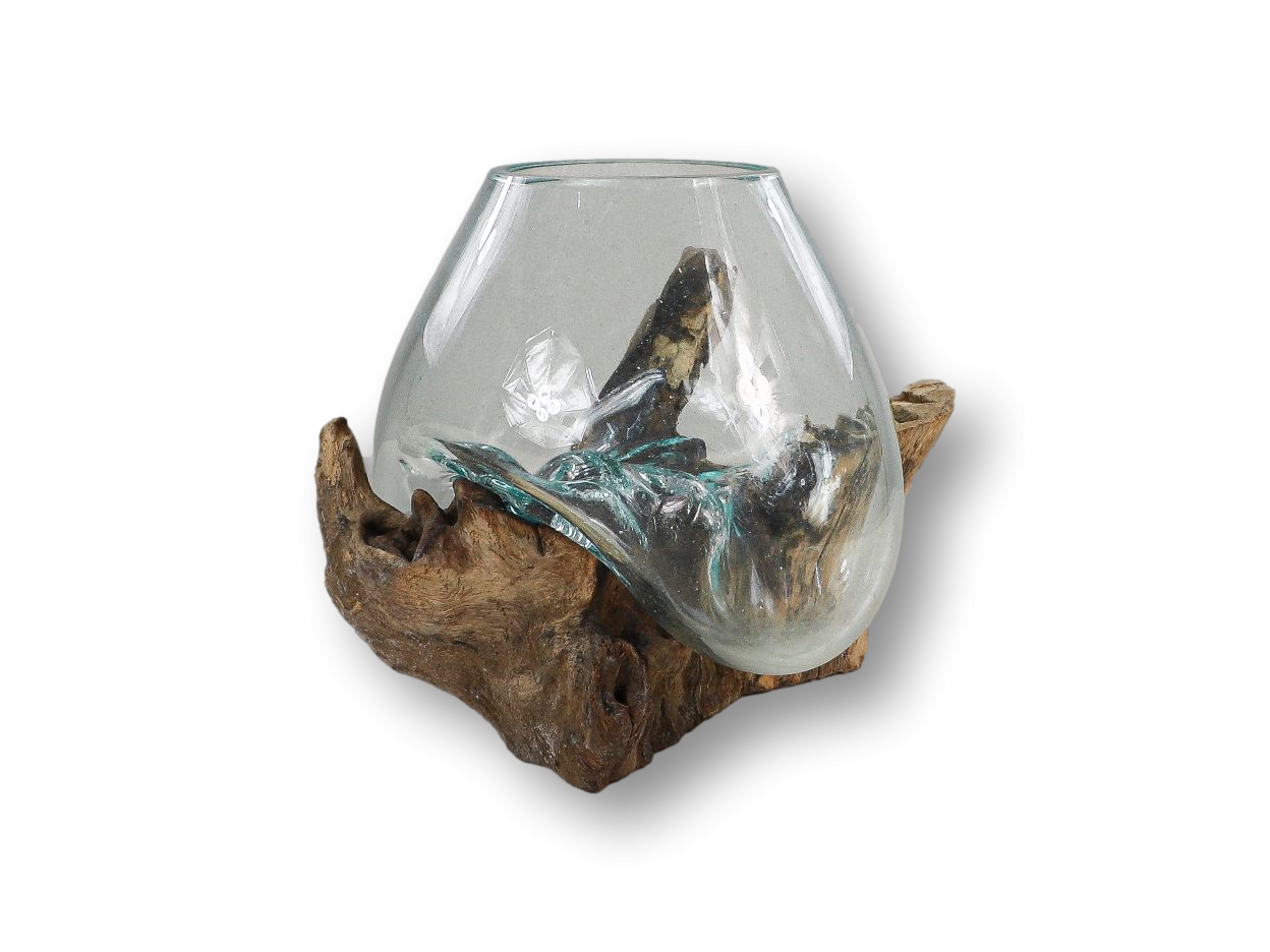 HSM Collection-Vase auf Wurzelholz-ø20x25-Braun-Teak/Glas