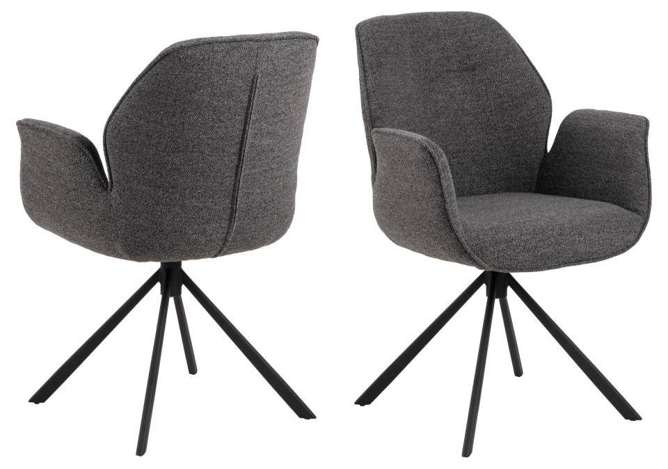 HSM Collection-Esszimmerstuhl Nora + Armlehne-90x62x61-Dunkelgrau/Matt Schwarz-Stoff/Metall