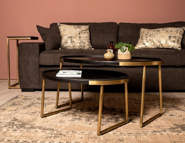 HSM Collection - Ovaler Couchtisch Paulson S/2 - 90x60x45/70x50x35 - Schwarz/Gold - Mango/Metall
