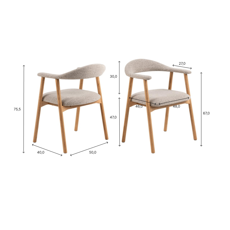HSM Collection-Esszimmerstuhl Ella Mit Arm S/2-56x54x76-Terrakotta/Weiß Pigmentiert-Stoff/Eiche