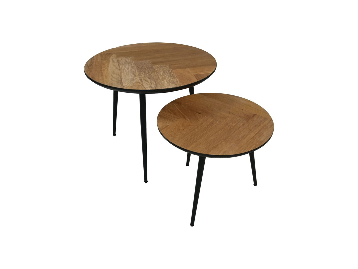 HSM Collection-Runde Beistelltisch Fishbone S/2-ø60x49/ø45x39-Natur-Schwarz/Schwarz-Eiche/Metall
