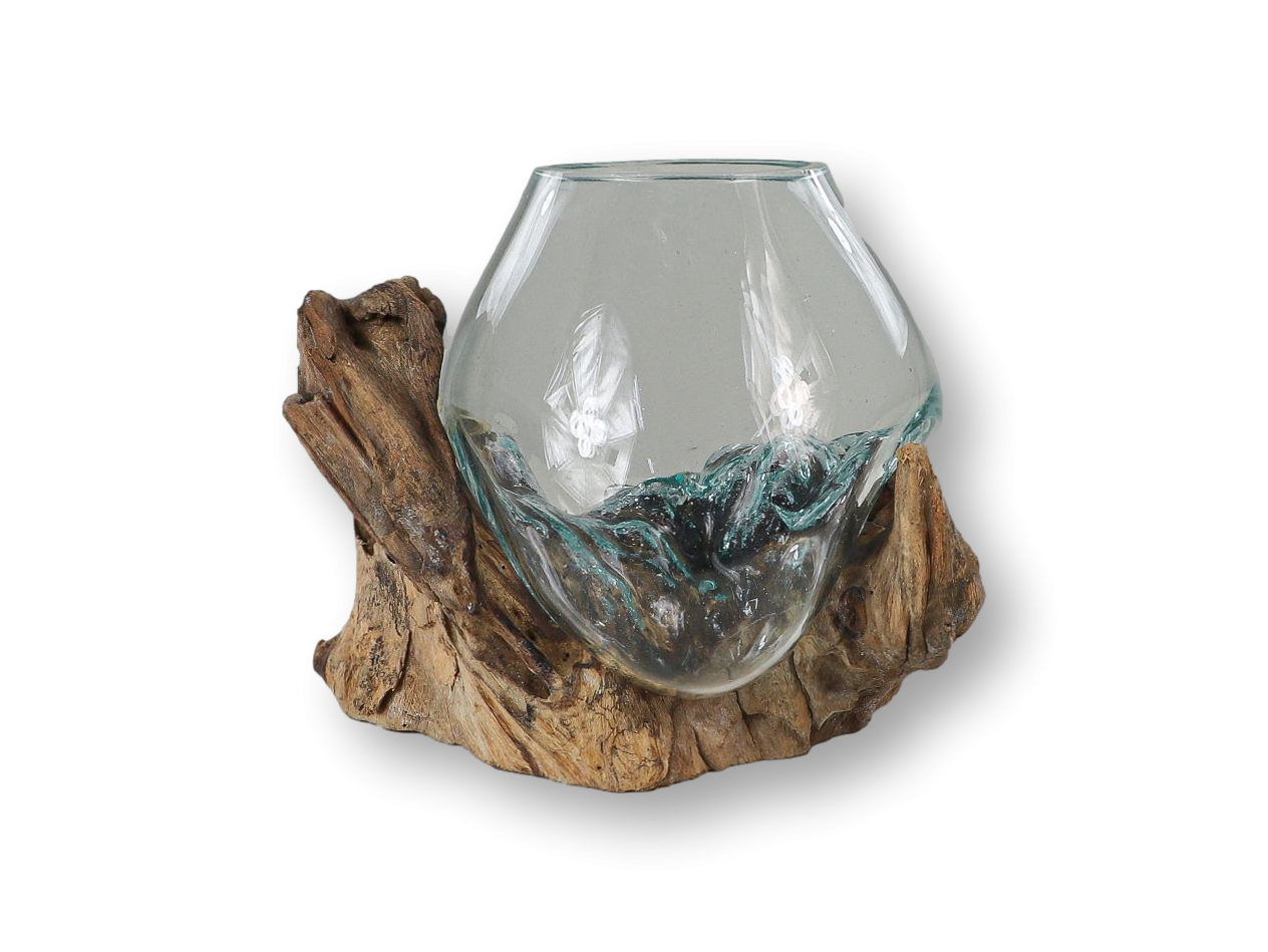 HSM Collection-Vase auf Wurzelholz-ø10x12-Braun-Teak/Glas