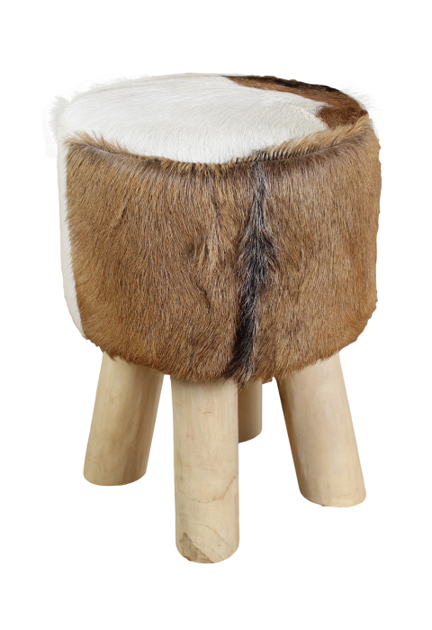 HSM Collection-Runde Hocker Ziegenfell-ø33x45-Sortiert/Natur-Ziegenfell/Teak