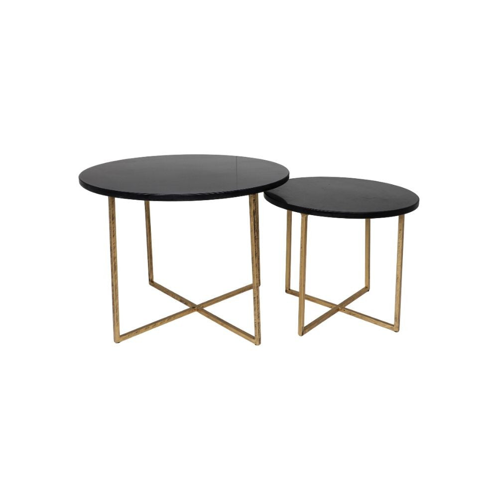 HSM Collection-Runde Beistelltisch S/2-ø61x45/ø46x39-Schwarz/Gold-Marmor/Metall