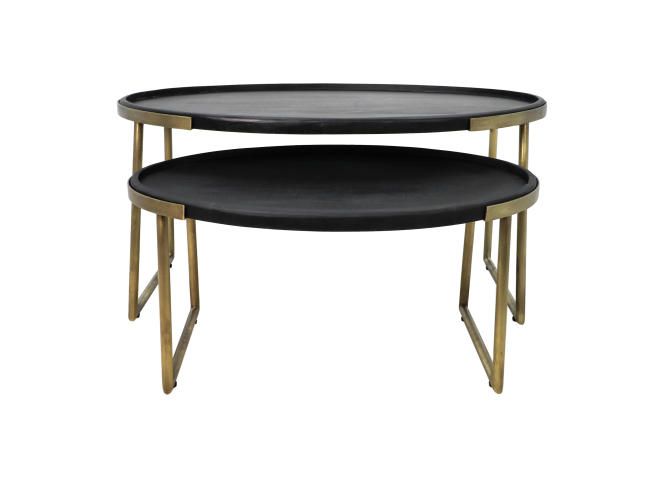 HSM Collection - Ovaler Couchtisch Paulson S/2 - 90x60x45/70x50x35 - Schwarz/Gold - Mango/Metall
