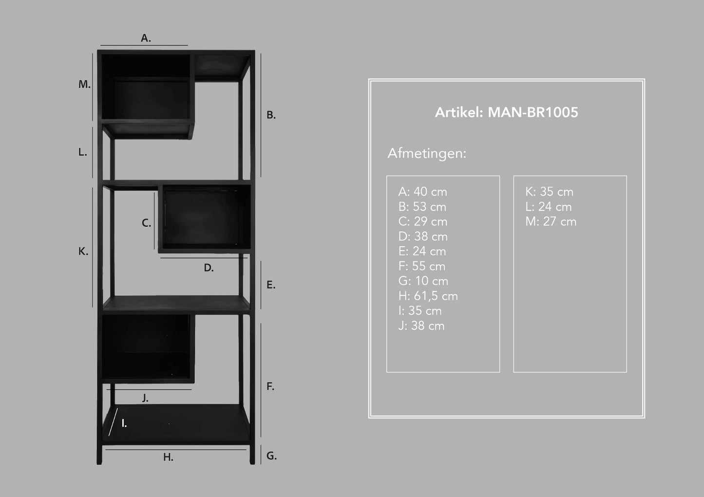 HSM Collection-Offenes Regal Manhattan-65x35x175-Schwarz-Metall