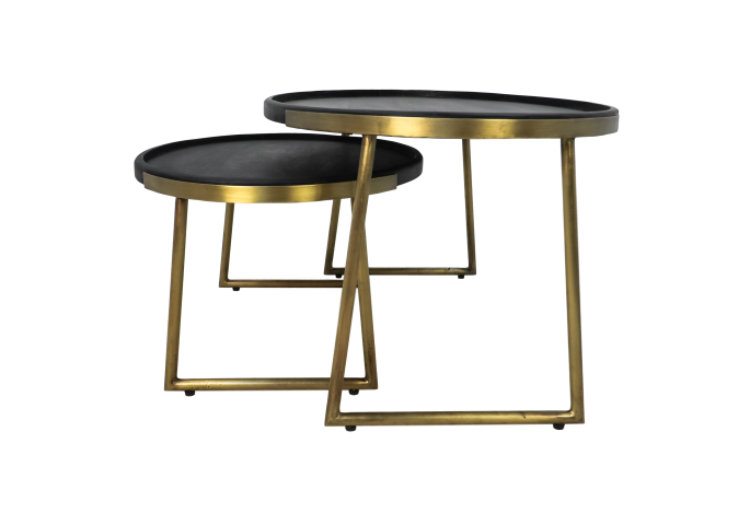 HSM Collection - Ovaler Couchtisch Paulson S/2 - 90x60x45/70x50x35 - Schwarz/Gold - Mango/Metall