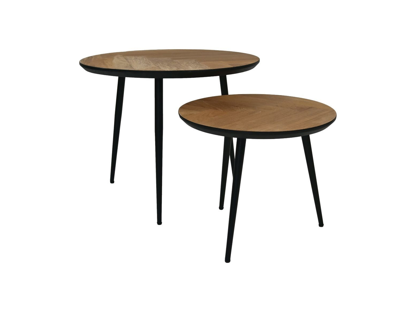 HSM Collection-Runde Beistelltisch Fishbone S/2-ø60x49/ø45x39-Natur-Schwarz/Schwarz-Eiche/Metall