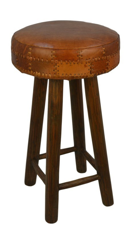 HSM Kollektion - Runder Barhocker Patchwork - 40x40x75 - Cognac/Braun - Leder/Teak