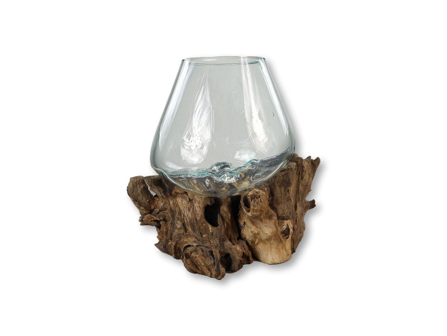 HSM Collection-Vase auf Wurzelholz-ø30x23-Braun-Teak/Glas