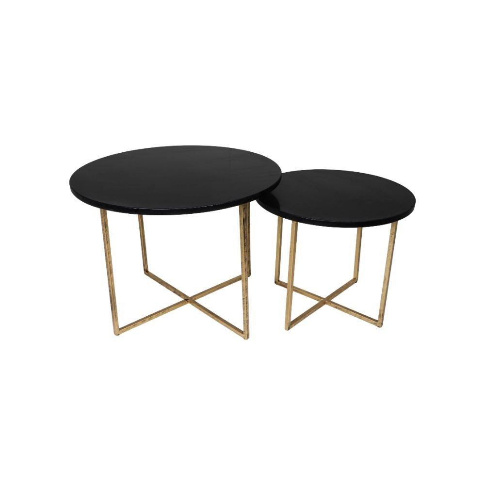 HSM Collection-Runde Beistelltisch S/2-ø61x45/ø46x39-Schwarz/Gold-Marmor/Metall