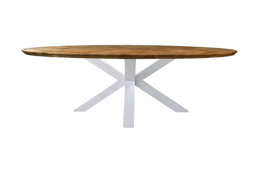 HSM Kollektion-Ovaler Esstisch Fishbone-220x110x76-Natur/Weiß-Eiche/Metall