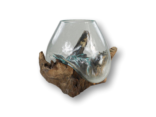 HSM Collection-Vase auf Wurzelholz-ø20x25-Braun-Teak/Glas