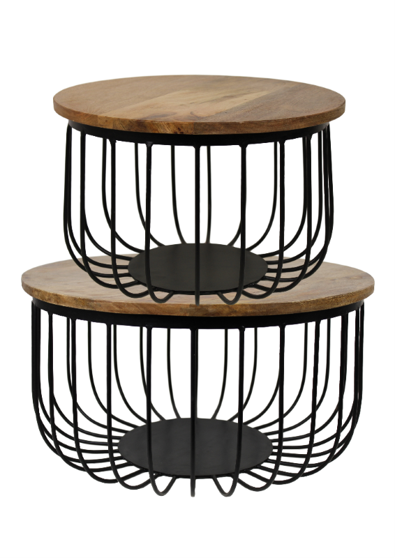 HSM Collection-Runde Beistelltische Maden S/2-ø60x33 / ø45x30-Natur/Schwarz-Mango/Metall