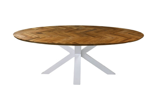 HSM Kollektion - Ovaler Esstisch Fishbone-180x100x76-Natur/Weiß-Eiche/Metall