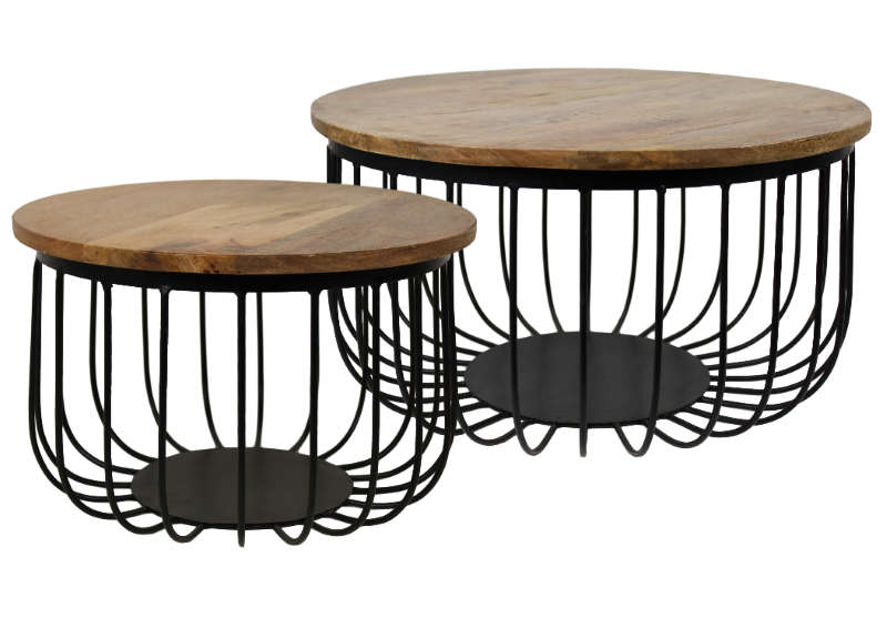 HSM Collection-Runde Beistelltische Maden S/2-ø60x33 / ø45x30-Natur/Schwarz-Mango/Metall