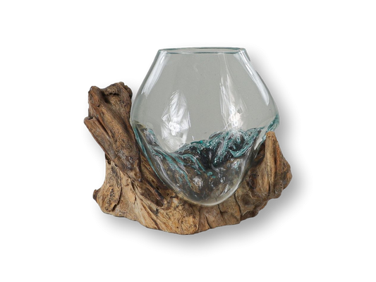 HSM Collection-Vase auf Wurzelholz-ø10x12-Braun-Teak/Glas