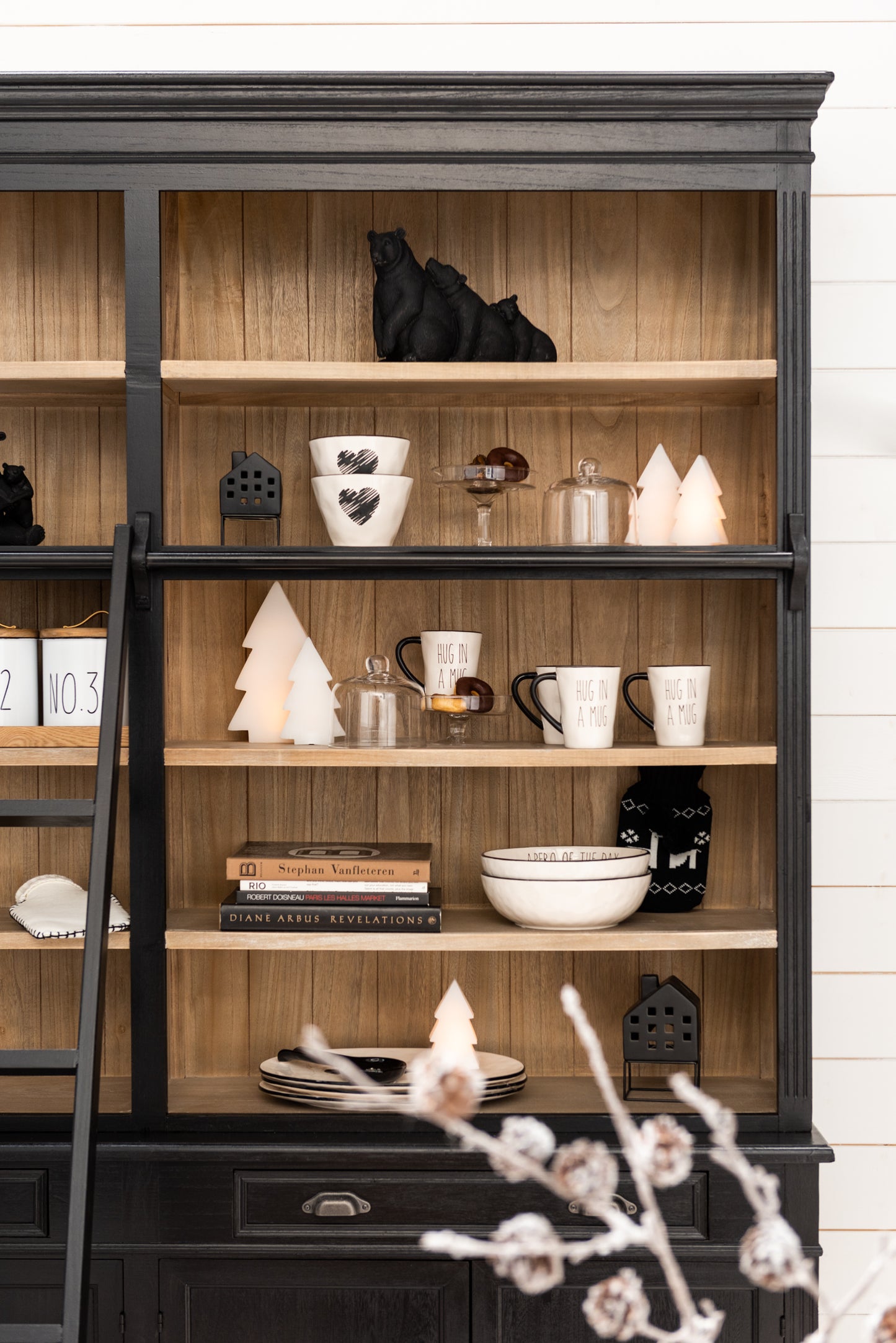 Bücherschrank mit Leiter Holz / schwarz/ natur