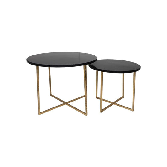 HSM Collection-Runde Beistelltisch S/2-ø61x45/ø46x39-Schwarz/Gold-Marmor/Metall