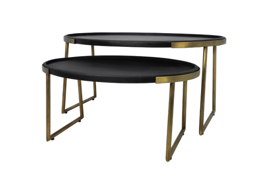 HSM Collection - Ovaler Couchtisch Paulson S/2 - 90x60x45/70x50x35 - Schwarz/Gold - Mango/Metall