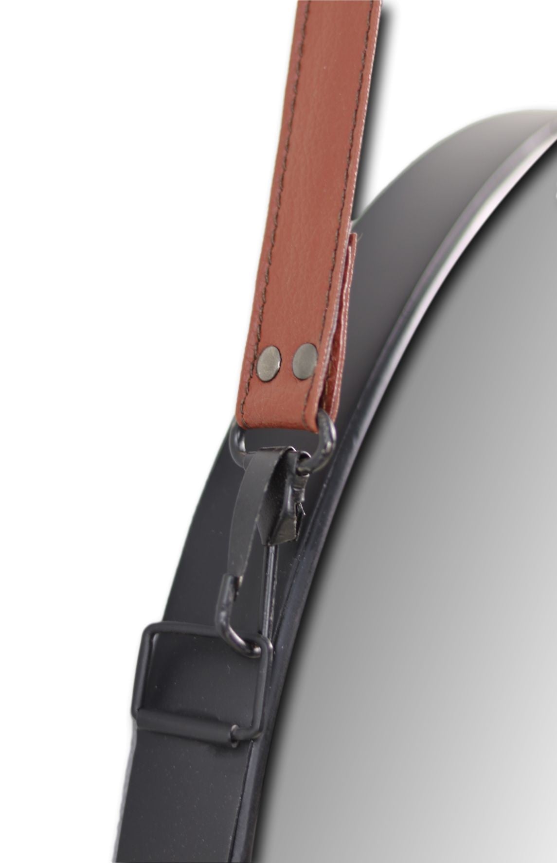 HSM Kollektion - Runder Spiegel mit Riemen - 63x3x95 - Schwarz/Braun - Metall/Kunstleder