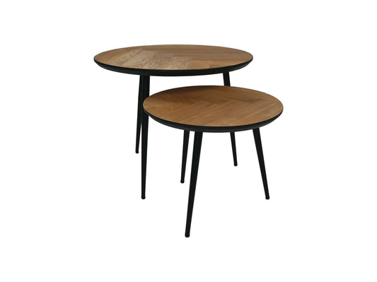 HSM Collection-Runde Beistelltisch Fishbone S/2-ø60x49/ø45x39-Natur-Schwarz/Schwarz-Eiche/Metall
