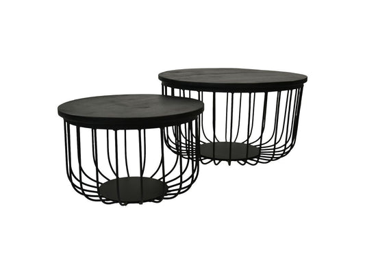 HSM Collection-Runde Beistelltische Maden S/2-ø60x33/ø45x30-Schwarz-Mango/Metall