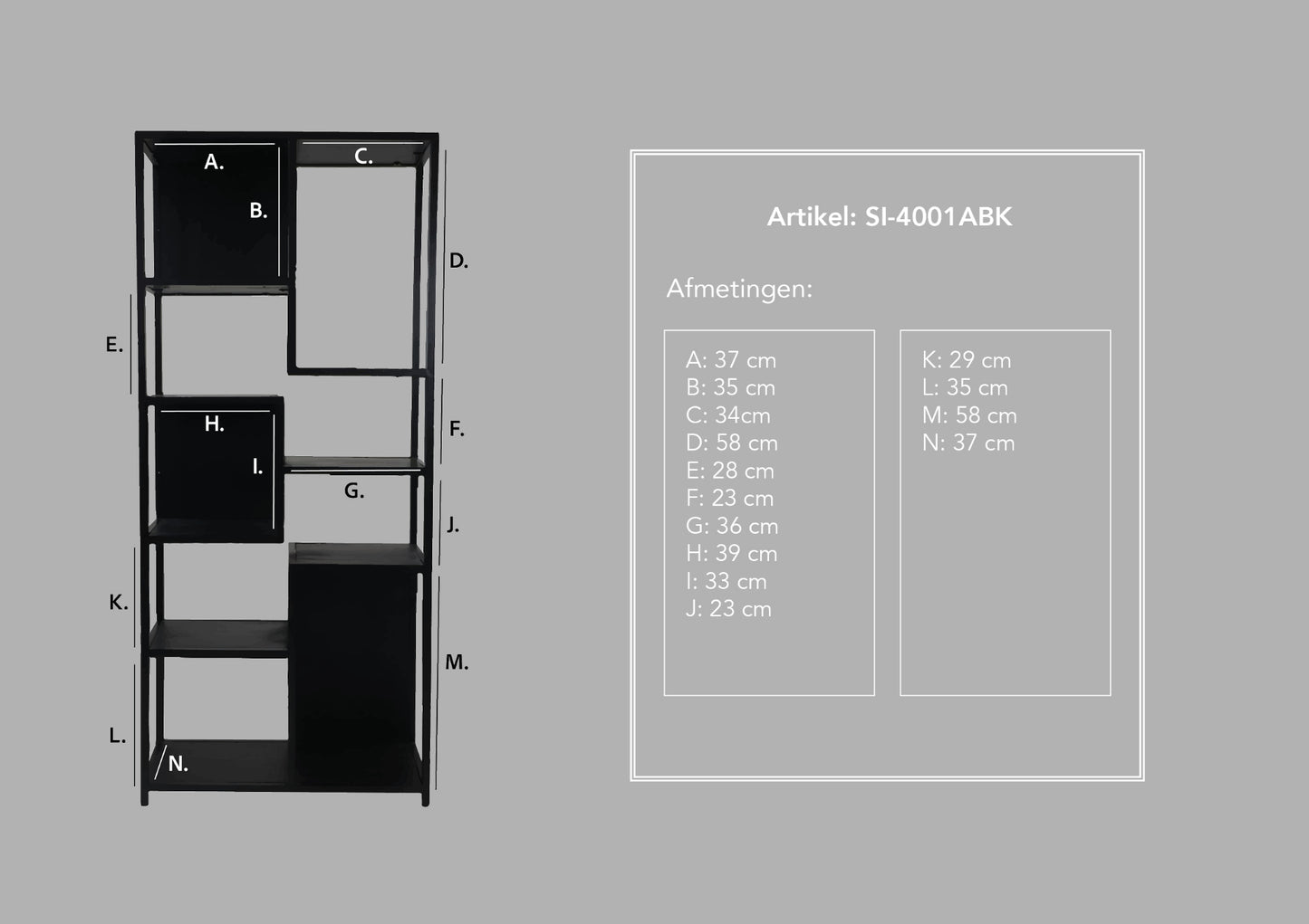 HSM Collection-Offenes Regal Levels-78x35x178-Schwarz-Mango/Metall