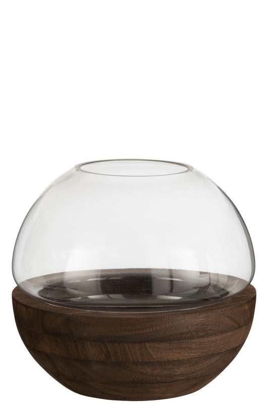 VASE RUND HOLZ/GLAS DUNKEL BRAUN