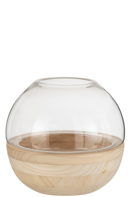 VASE RUND HOLZ/GLAS HELL BRAUN